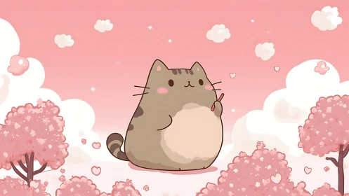 Adorable Cat Character Surrounded by Pink Blossoms and Clouds