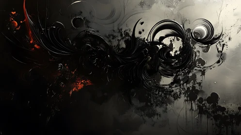 Swirling black viscous forms cut across a desaturated field