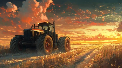 Golden-hour tractor resting quietly on glowing country fields.