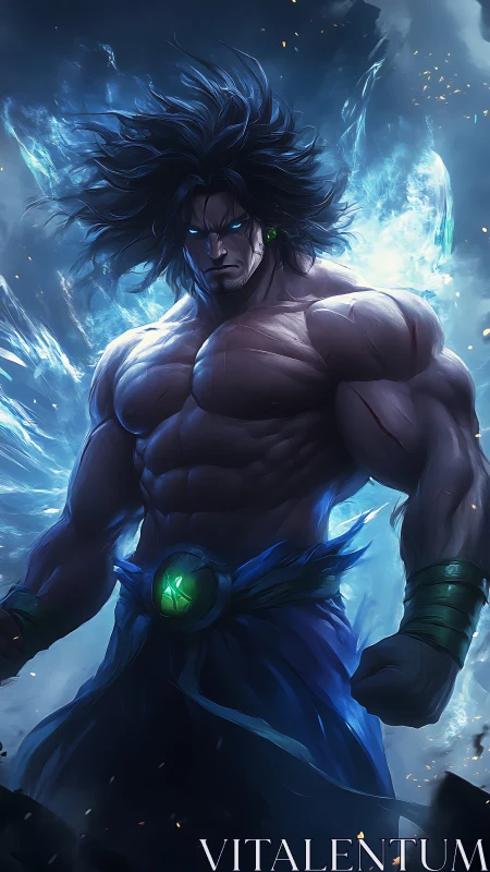 Hyper-muscular energy warrior radiates blue plasma aura and power