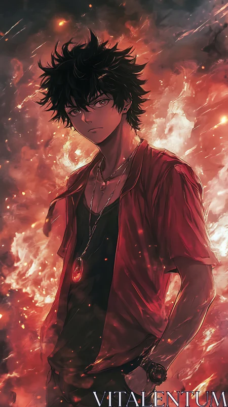 Young anime male stands in front of swirling firestorm background