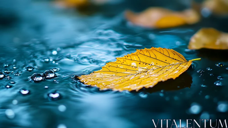 Golden leaf adrift on sapphire water in quiet autumn rain.