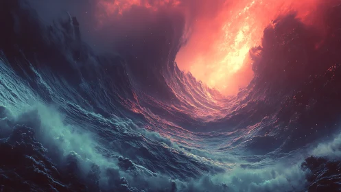 Infernal tide rises beneath a burning ocean sky vortex.