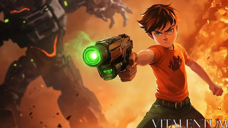 Young sci-fi hero confronts colossal mech amid explosions.