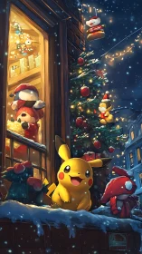 Pikachu sits on snowy windowsill beside decorated Christmas tree