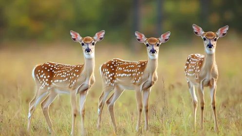 Three white tailed deer fawns stand aligned in tall grass