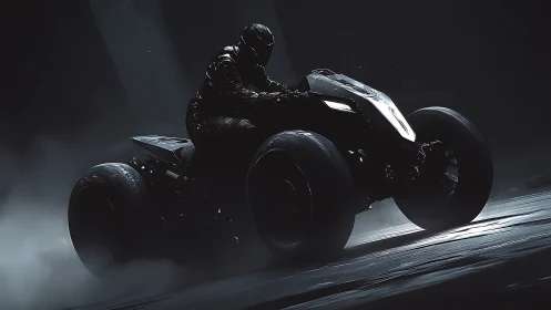Futuristic quad bike rider in dramatic low key light.