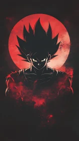 Saiyan warrior silhouette under blood red celestial halo.