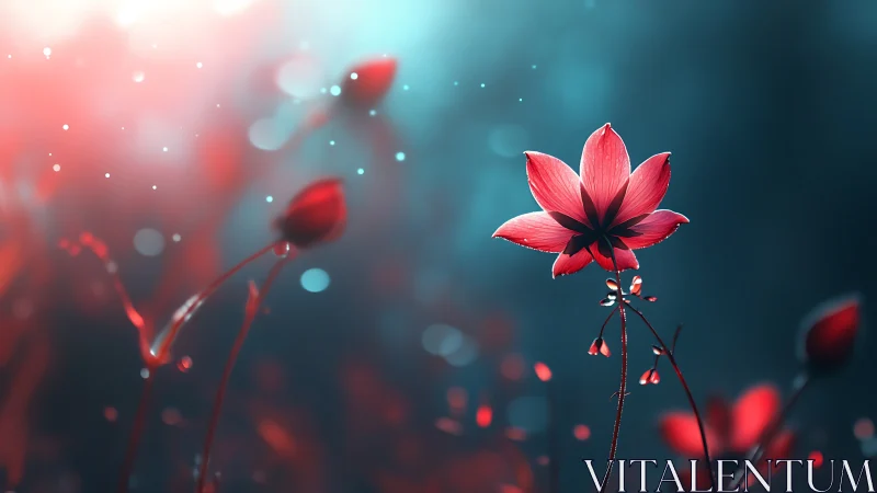 Red flowers with depth of field effect against teal background.