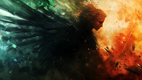 Winged figure divides teal shadow and incendiary light field