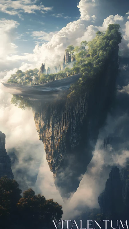 Floating island suspended above clouds within mountainous gorge landscape