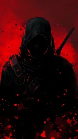 Hooded figure with sword stands in red and black digital scene