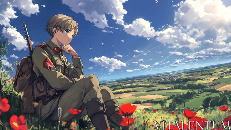 Young soldier resting in bright countryside landscape.