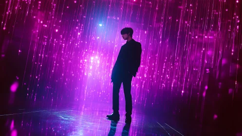 Silhouetted figure stands in neon magenta light curtain environment