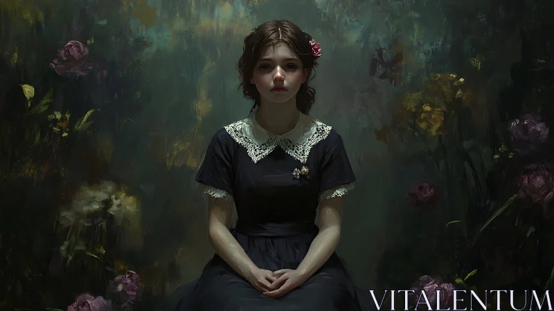 Melancholic seated girl in chiaroscuro floral oil tableau.