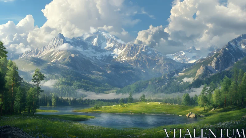 Quiet alpine valley cradled by sunlit snowcapped peaks.