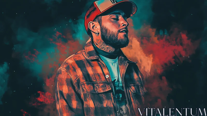 Digital portrait of tattooed man against nebular color field