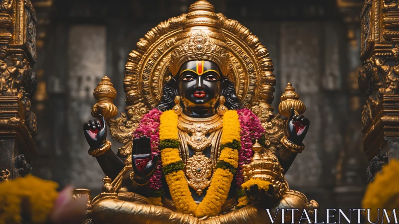 Photorealistic gilded Hindu deity sculpture in temple shrine.