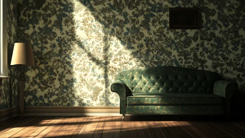 Sunlit patterned living room wall with green sofa and lamp