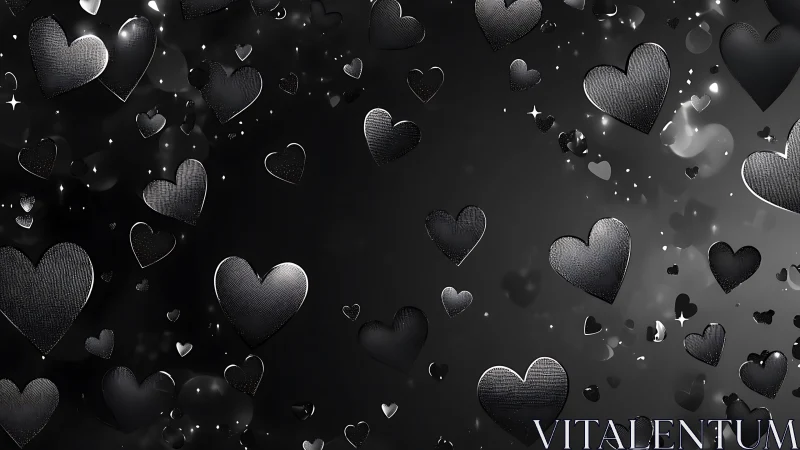 Monochrome Hearts Floating in Ethereal Darkness.