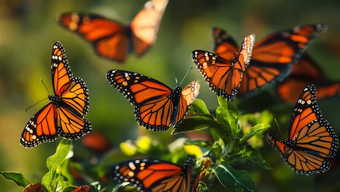 Monarch butterflies on green foliage in soft daylight.