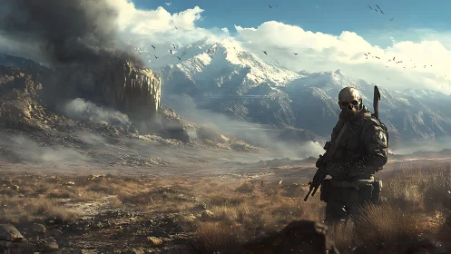 Masked soldier surveys smoking mountain battlefield at dawn