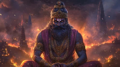 Fiery warrior deity meditates in a burning mythic city