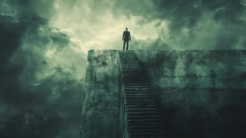 Solitary figure stands atop ominous concrete stairway edge.