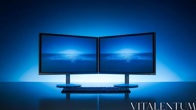 Dual widescreen monitor array with oceanic blue backlight.