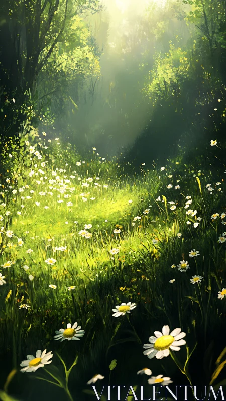 Sunlit forest glade renders daisies in atmospheric depth