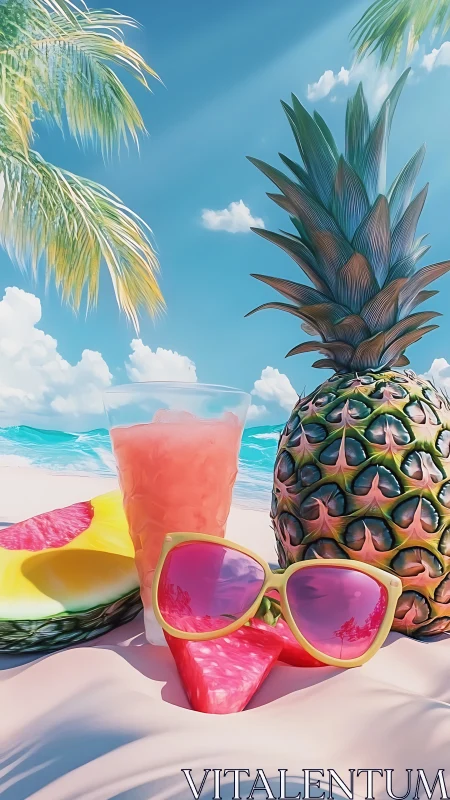 Tropical Beach Scene with Pineapple and Cocktail