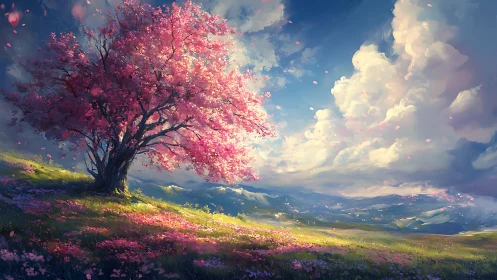 Pink blossom tree on sunlit hillside under bright sky.