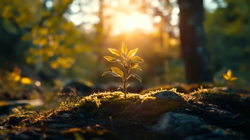 Young plant sprouting in forest, glowing sunrise, natural style.