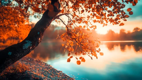 Leaning autumn tree reflects warm sunset over quiet lake