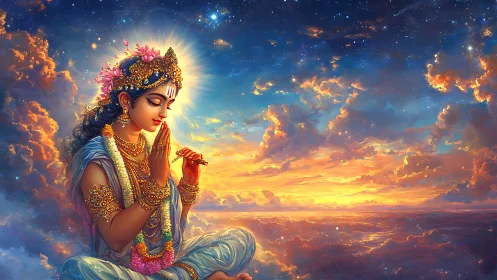 Divine figure meditates in radiant celestial sunset sky