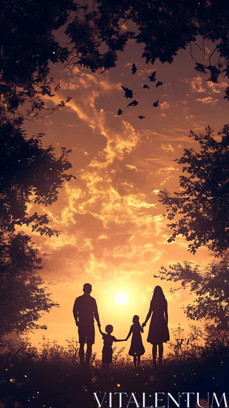 Golden evening walk with family beneath glowing sky.