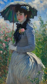 Elegant lady with parasol amid bright impressionist garden.