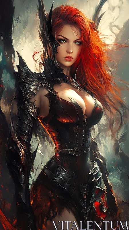 Fierce ember-haired warrior rising from swirling embers.