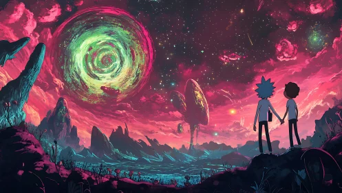 Stargazing duo beneath swirling neon cosmic portal.