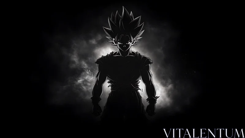 Silhouetted spiky haired fighter against smoky backdrop.