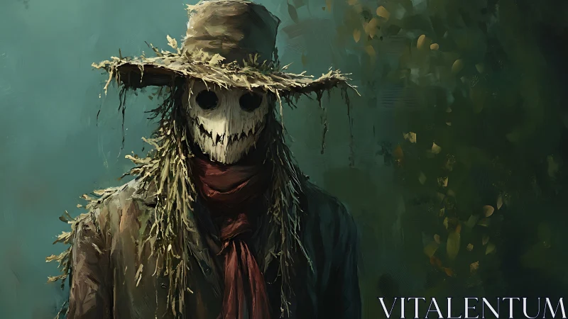 Scarecrow figure stands in dark foliage with skull mask
