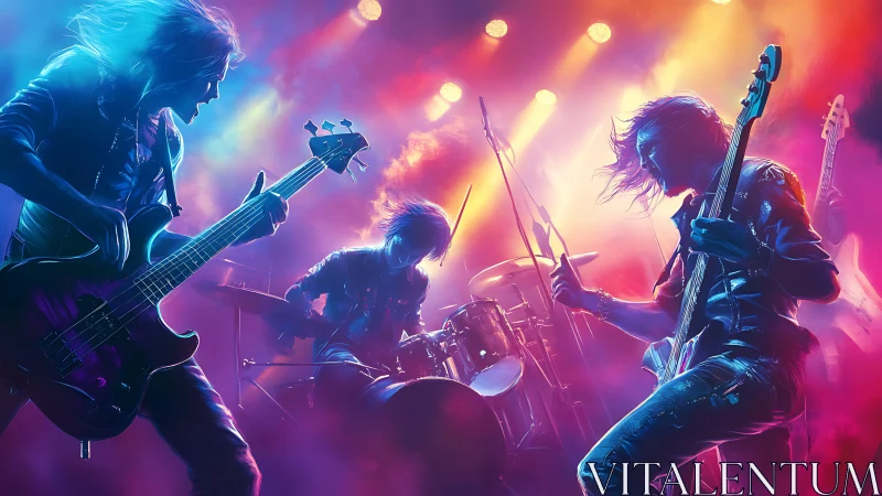 High-energy rock band performance under neon stage lighting