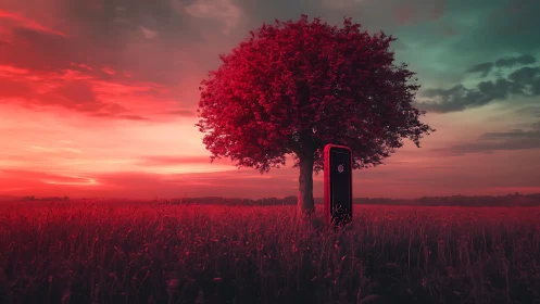 Stargazing smartphone leans quietly against a crimson tree