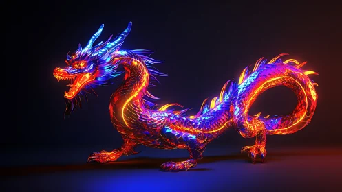 Chromatic 3D dragon rendered with vivid neon lighting