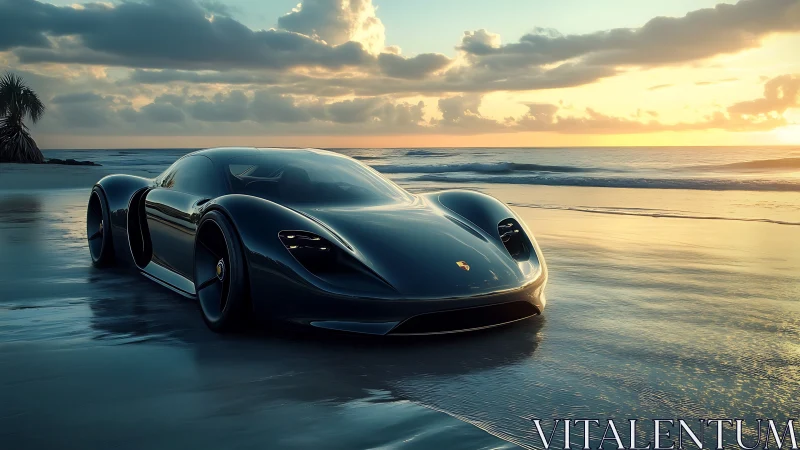 Sleek futuristic sports car glides along a calm sunset shore