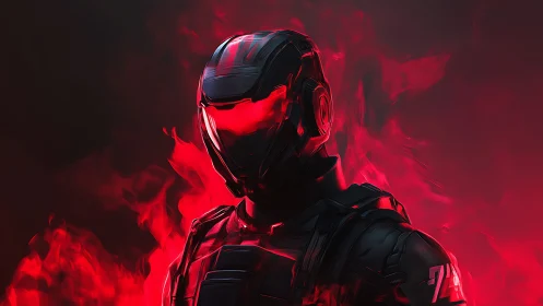 Armored sci fi soldier in red flames, digital artwork.