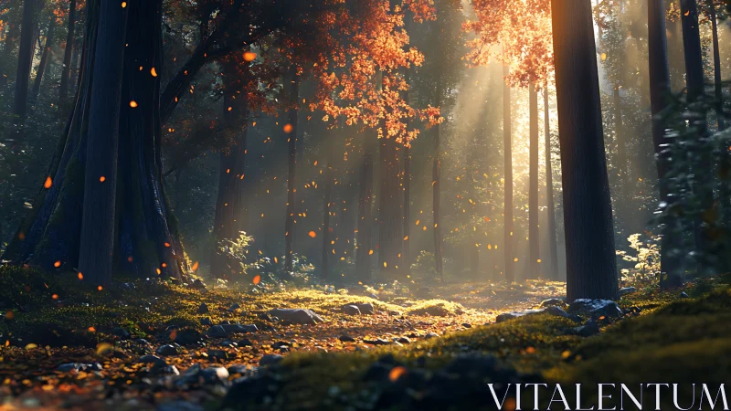 Golden Particles Drift Through Ancient Forest Canopy.