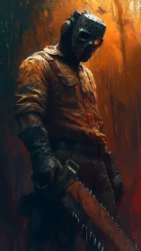 Masked killer holds bloodstained chainsaw in fiery gloom
