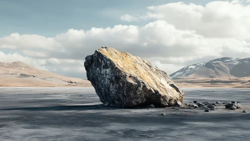 Large isolated boulder rests on barren, flat desert plain