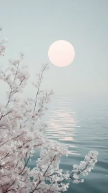 Pale sun over calm water behind soft pink blossom branches